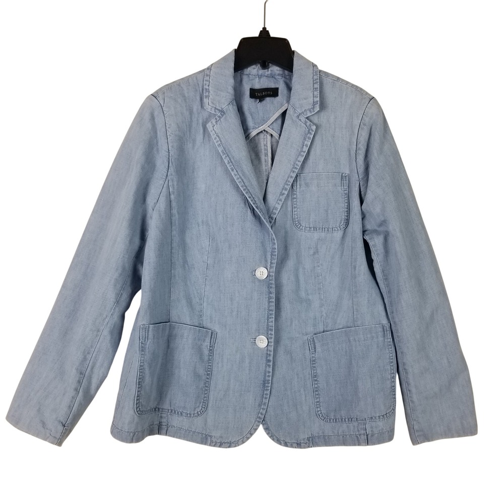 Talbots Blazer Women 18 Light Blue Cotton Hemp Blend Two Button Chambray Jacket